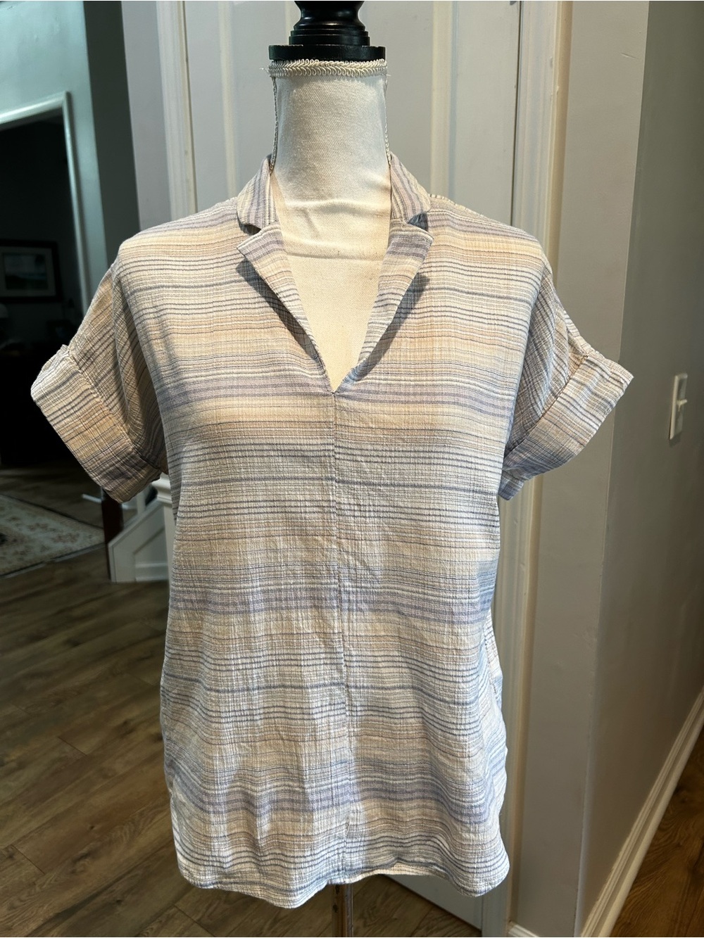 Madewell Blue and Tan Striped Short-Sleeve Womens Shirt Small